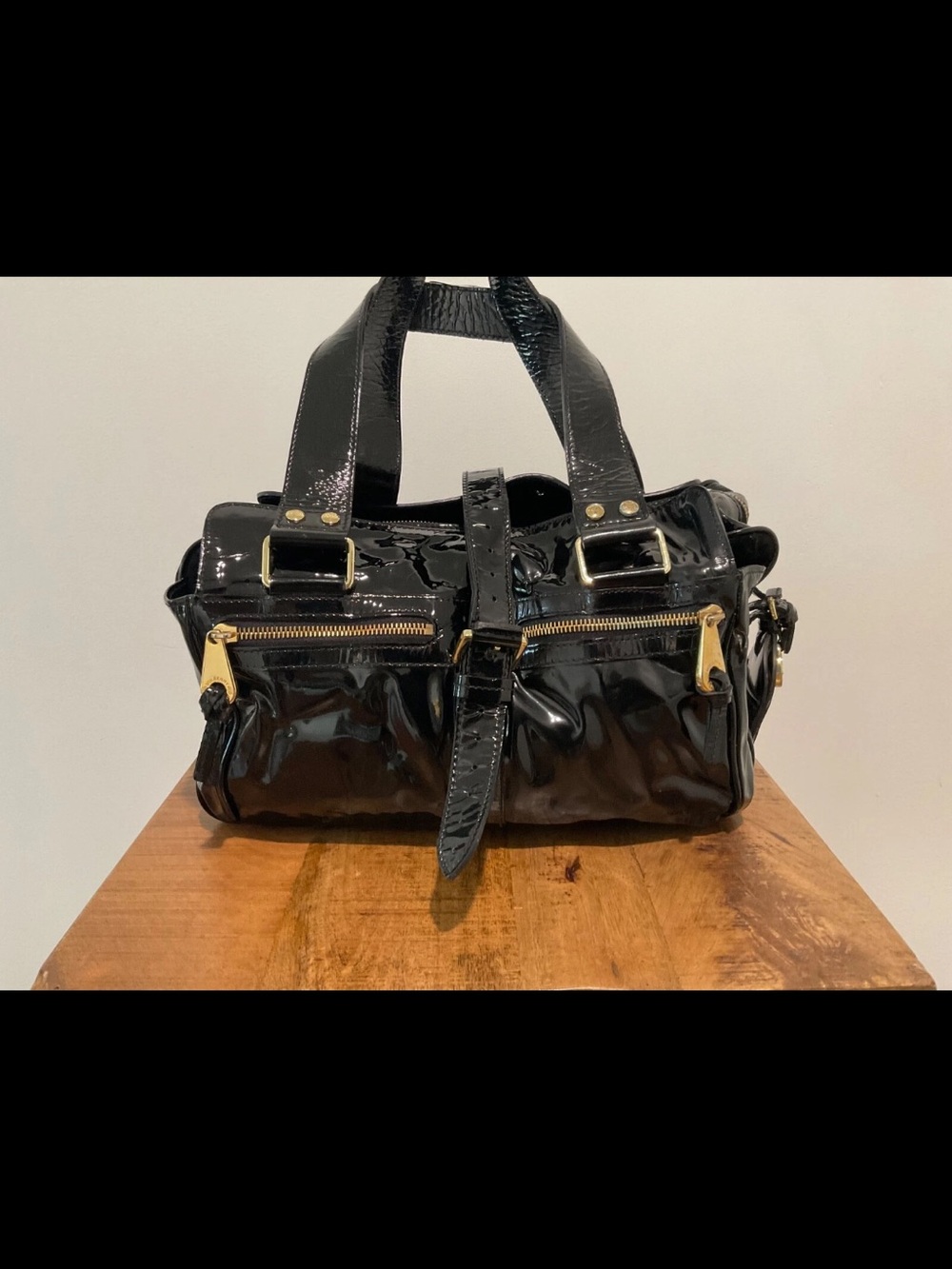 Mulberry Black Patent Leather Shoulder Bag with Gold Hardware